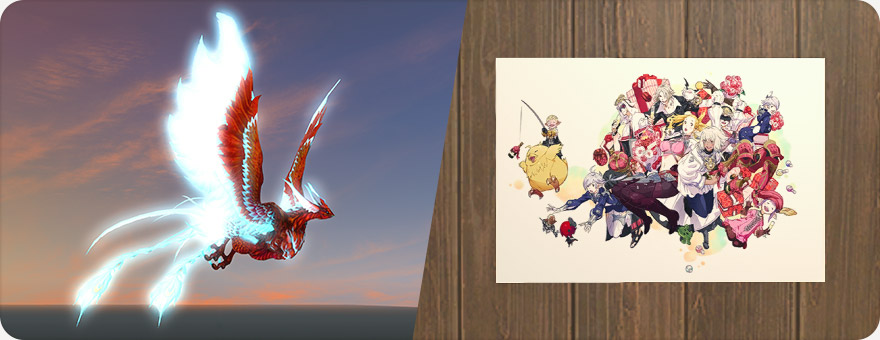 Links auf dem Bild: Phoenix Mount (bekannt aus verschlungene Schatten von Bahamut), Links im Bild Poster vom »Fest der Wiedergeburt«.